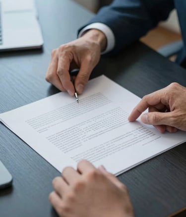 A close-up photograph of a professional's hands organizedly arranging business formation documents on a dark blue wooden desk in a North American office setting. The lighting is soft and natural, emphasizing clarity and order.