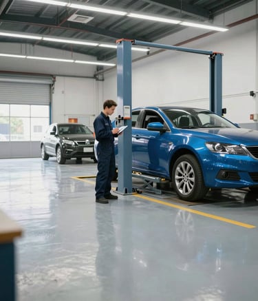 A wide-angle interior photograph of a modern North American auto repair shop. The space is bright with white lighting reflecting off a clean grey floor. A professional mechanic in a dark navy uniform is using a tablet near a steel blue sedan on a lift.