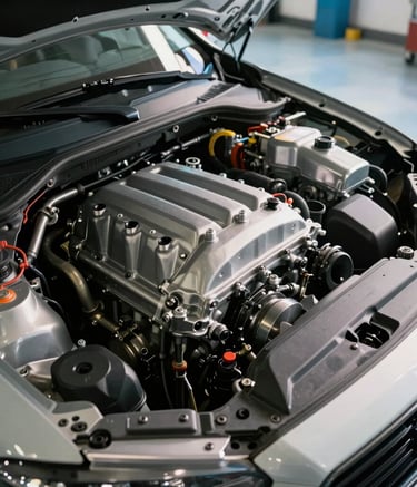 A high-angle, close-up photograph of a clean, modern vehicle engine bay in a North American setting. Soft sunlight illuminates the metallic components. Professional focus on the precision engineering. The surrounding shop floor is a clean ice blue and white, creating a clinical and trustworthy atmosphere.