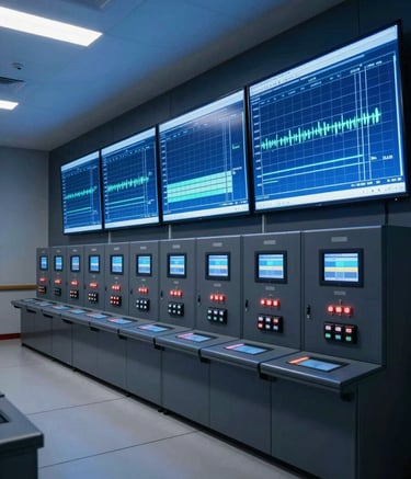 A professional high-tech electrical control room in a Spanish / Global city, featuring large digital screens showing energy distribution grids, sleek dark navy and electric blue ambient lighting, wide angle shot.