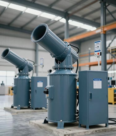 A wide-angle view of a high-tech warehouse protected by Köpük Topu (Foam Cannon) systems. The scene is bright and conveys safety. The equipment is painted in professional #1A2A3A and #476C8C tones, with clear technical indicators. Soft cinematic lighting highlights the reliability of the system.