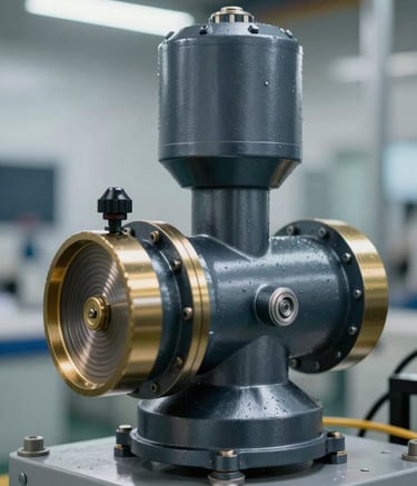 A close-up, high-detail shot of a professional industrial Foam Monitor (Köpüklü Yangın Monitörü) made of durable steel, positioned in a modern facility. The lighting is crisp and professional, highlighting the engineering precision. Colors include deep #1A2A3A shadows and metallic #476C8C surfaces with #A07A48 gold safety accents.