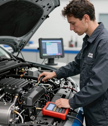 A technical specialist in a European / Spanish workshop setting testing a car engine with diagnostic tools. Modern and professional environment with charcoal grey and slate blue accents. Clean lighting.
