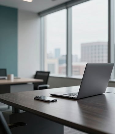 A sleek North American office interior focused on a high-tech workstation. A polished dark slate desk holds a silver smartphone and a high-performance laptop. Large windows reveal a subtle US cityscape. The mood is sophisticated and reliable, with muted teal and soft pearl accents in the decor.