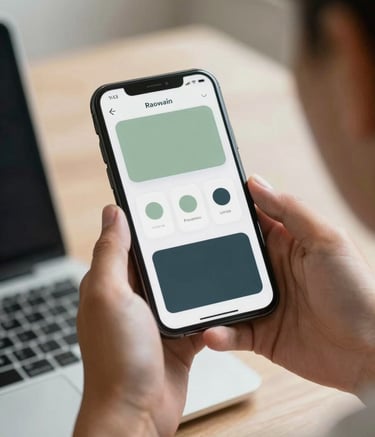 Professional photography of a person’s hands holding a mobile device in a modern North American business setting. The screen shows a clean, user-centric app design with sage and deep charcoal elements. The lighting is soft and natural, emphasizing innovation.