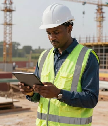 A professional construction manager in a forest green safety vest looking at a digital tablet on a modern construction site in Guinea, bright daylight, soft light gray background elements.