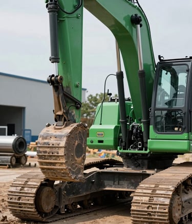 Close up of high-quality construction machinery and materials on a bright site, featuring dark emerald green highlights, representing industrial reliability and modern standards.