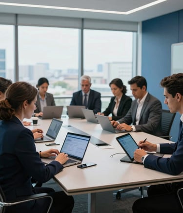 A professional team training session in a modern office in Brazil, soft daylight through large windows, professionals sitting around a sleek conference table using tablets and laptops, deep blue and pale blue accents in the decor, high-end corporate photography style.
