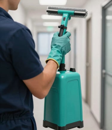 A close-up shot of a professional cleaning specialist in a modern uniform working in a bright Central European office hallway. High-quality cleaning equipment is visible. Palette highlights: Sea Green and Dark Slate Blue.