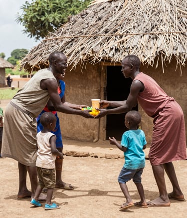 A group of community members gathered outdoors, sharing stories and support under a bright Kenyan sky.