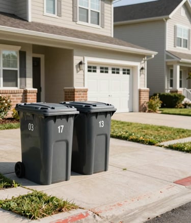 A neat suburban home exterior in a North American / US neighborhood with perfectly clean curbside trash bins and well-painted curb numbers, bright natural lighting, confident and premium mood.