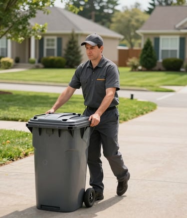 A professional service worker in a clean charcoal uniform moving residential trash bins down a neat suburban driveway in a North American / US neighborhood, sunny day, well-maintained lawn.