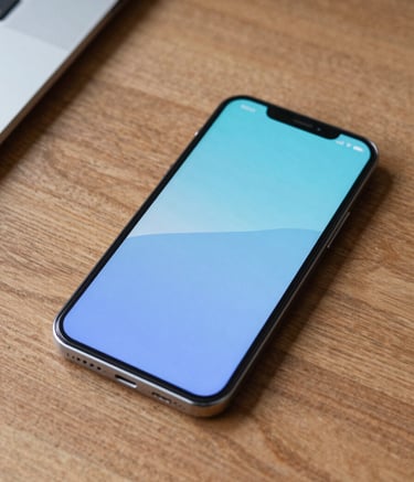 A high-angle shot of a sleek Android smartphone sitting on a modern wooden desk in a North American / US office. The screen shows a vibrant user interface with light sky blue and muted steel blue accents. Minimalist and professional setup.