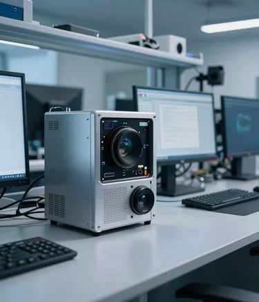 A close-up of a high-tech innovation lab workspace in a US tech hub. Modern hardware and multiple screens are visible on a minimalist desk, with steel blue lighting and a clean, sophisticated aesthetic.