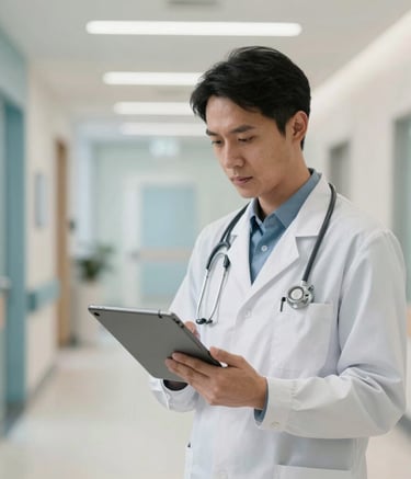 A professional clinician in a modern North American healthcare facility using a sleek tablet device for patient care. The background is a clean, minimalist hallway with soft light blue and off-white lighting.