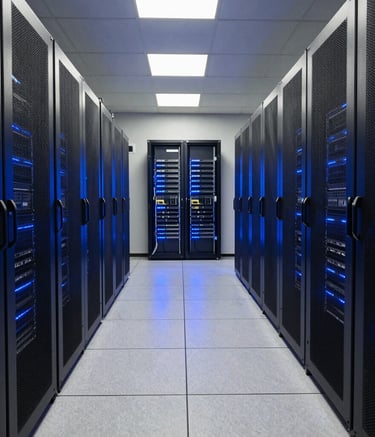 A wide-angle shot of a secure, modern data server room in a North American facility with subtle blue LED lighting reflecting off polished surfaces. The composition conveys industrial-grade reliability and innovative technology.