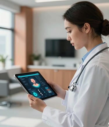 Professional photography of a healthcare specialist in a modern North American hospital setting, using a sleek tablet with a glowing patient management interface. The background shows hints of copper and charcoal office decor under natural daylight.
