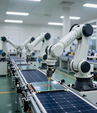A wide-angle photograph of a state-of-the-art solar cell manufacturing floor in a modern South Asian / Indian industrial facility. Robotic arms are precisely placing silicon wafers on a conveyor belt. The lighting is crisp and cool, highlighting the metallic surfaces in steel blue and pearl white tones.