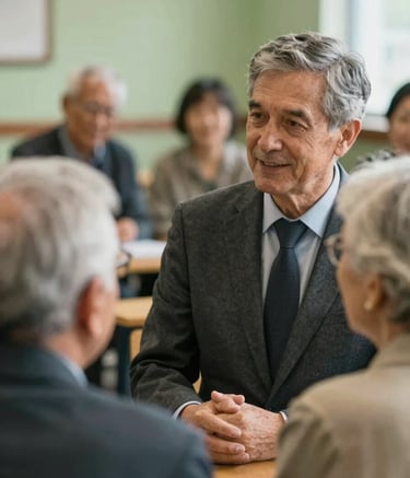 A close-up photograph of a politician engaged in a respectful conversation with senior citizens at a community center. The lighting is warm and natural, suggesting an approachable yet authoritative presence. The scene features deep grays (#262626) and soft greens (#A3B18A) in the background environment, emphasizing a professional and community-focused mood.