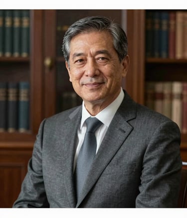 A professional portrait of a mature male politician with a kind but firm expression, wearing a dark gray (#262626) suit against a classic office background with books. The lighting is soft and focused, creating a sense of deep credibility and experience. The color palette incorporates subtle tones of #F2F4F3 and #595959.