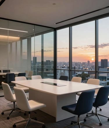 Wide shot of a sophisticated Brazilian corporate meeting room with glass walls, reflecting a sunset sky, minimalist furniture in off-white and dark blue.