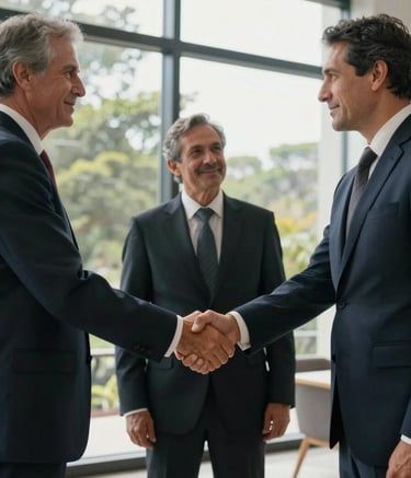 Professional handshake between business leaders in a South American setting, daylight filtering through large windows, symbolizing a secure partnership.
