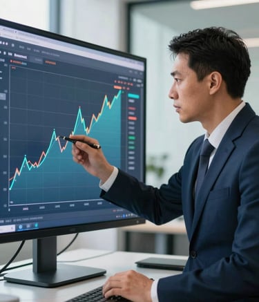 A South American business professional in a modern office, analyzing financial growth charts on a digital screen, lighting is clean and professional with navy blue and silver accents.