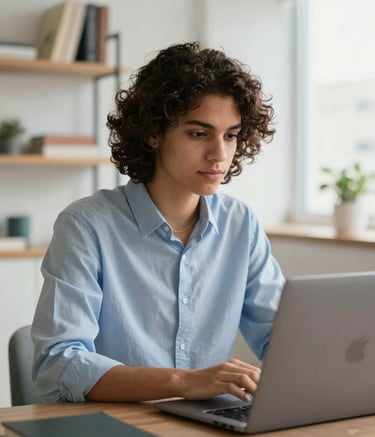 A focused South American / Brazilian student using a modern laptop in a bright, clean apartment in a Brazilian city. Soft natural light, professional attire, modern minimalist furniture, background blurred showing a shelf with books, professional photography style.