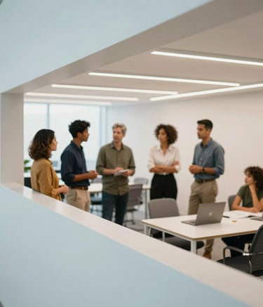 A bright and inspiring modern education workspace in Brazil with a group of South American / Brazilian professionals talking in the blurred background. Wide angle, clean architectural lines, airy atmosphere with light blue and off-white accents.