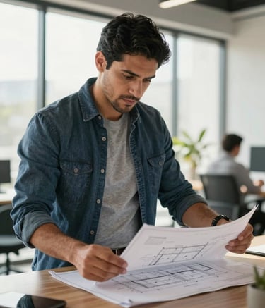 A professional Latin American man in business casual attire reviewing architectural blueprints in a sunlit modern office, conveying focus and expertise, professional photography.