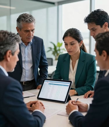 A group of professional Latin American appraisers in a modern corporate office in Mexico, engaged in a serious discussion around a tablet showing property data, soft natural lighting, professional attire in tones of navy and teal.
