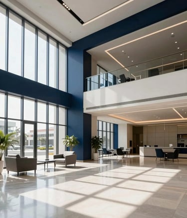 Clean and modern corporate lobby in a Middle Eastern business hub. Sunlight streaming through large windows onto polished floors. The design is minimalist and professional, with a color palette of dark blue and off-white. Wide angle, architectural photography.