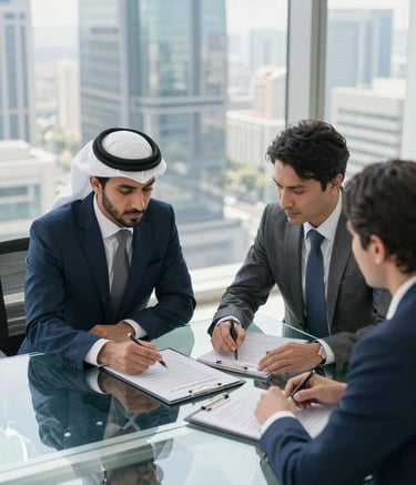 A high-angle photography shot of a modern business meeting in a bright skyscraper office in the Gulf region. Two professionals in formal business attire are reviewing documents on a clean glass table. Soft morning light, professional atmosphere, featuring tones of dark blue and pale blue.