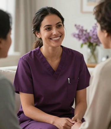 A professional North American / US nurse with a reassuring smile, wearing dark purple scrubs, conversing with a patient in a well-lit, sophisticated home environment. Soft focus on the background with hints of soft lilac decor. Lighting is natural and warm, creating an atmosphere of professional reliability.