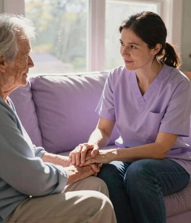 A serene North American / US home interior. A caregiver in a soft lilac shirt sits beside an elderly person on a pale purple sofa, holding their hand gently in a gesture of support. Warm morning sunlight streams through a large window. The mood is calm and compassionate.