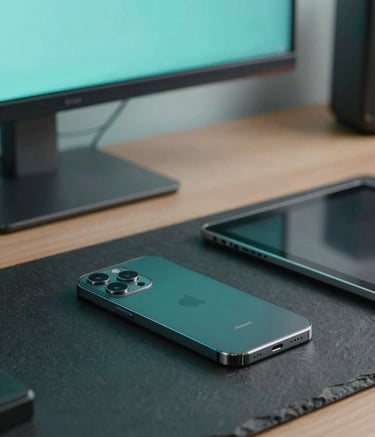 A close-up photograph of a professional developer's desk in a modern studio. A high-end smartphone and a tablet lie on a dark slate surface, illuminated by a soft aqua glow from a nearby monitor. The lighting is clean and professional, emphasizing a reliable tech environment.