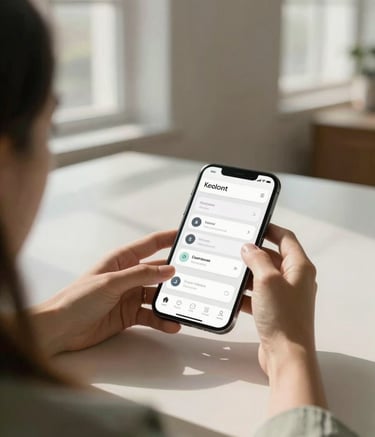 An over-the-shoulder shot of a designer working on a clean, modern mobile app wireframe. The studio has large windows with soft morning light, casting gentle shadows on a muted sage and off-white interior. The focus is on the creative process of app development.