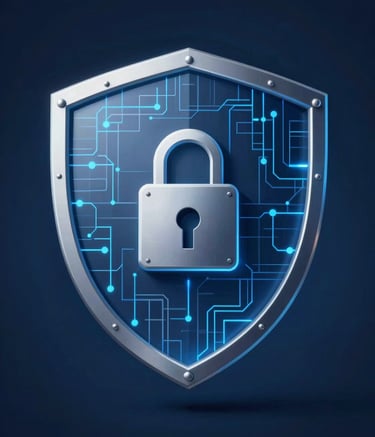 A sophisticated digital visualization of an encrypted security shield. The composition is professional and high-tech, featuring glowing blue data nodes and geometric lines in #7B9EC7 and #3A5A7F against a deep #0D1C3B background, conveying absolute trustworthiness.