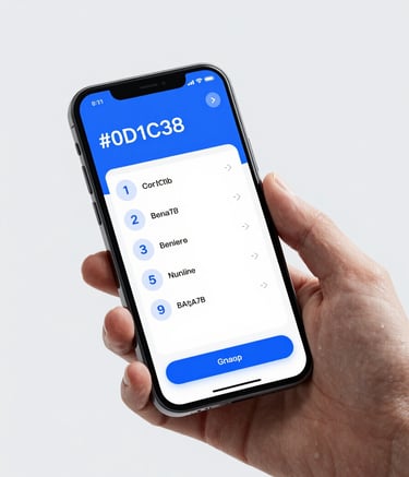 A sleek, modern smartphone held by a professional hand, displaying a user-friendly interface for an online numbers platform. The app UI uses #0D1C3B and #3A5A7F accents. Studio lighting on a clean, light #E6F0F8 backdrop.
