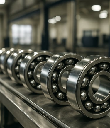 A high-detail close-up photograph of polished steel ball bearings on a clean industrial assembly line. Soft light reflecting off the metallic surfaces. The background shows a modern South Asian factory interior in off-white and dark blue.