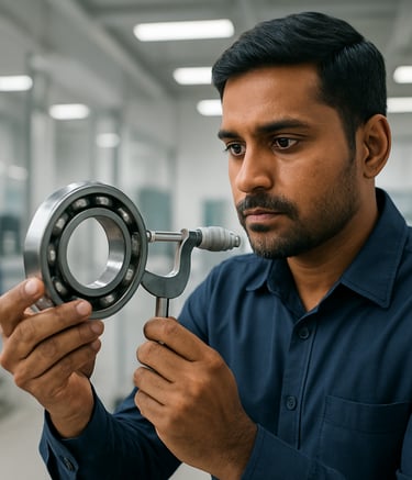A South Asian engineer in a professional navy blue shirt inspecting a precision ball bearing with a micrometer. The setting is a clean, modern Indian industrial quality control lab with bright, precise lighting.