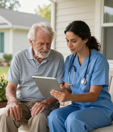 A North American caregiver and an elderly patient sitting on a porch in soft afternoon light, the caregiver is showing the patient something on a digital tablet, clean and comfortable suburban environment, professional yet warm tone.