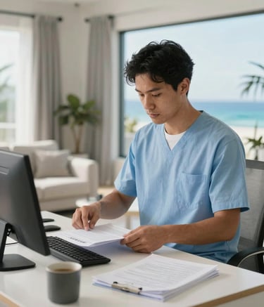 An interior shot of a clean, modern North American residential home office where a care administrator is organizing records, soft ocean blue accents, professional and organized atmosphere.