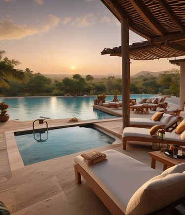 A cozy villa surrounded by lush greenery and a stone pathway.