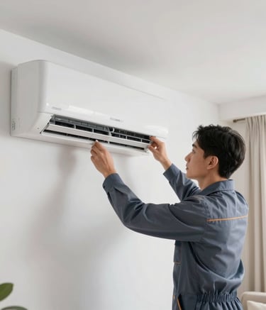 A professional technician in a light navy uniform installing a sleek, modern air conditioning unit on a white wall in a Scandinavian-style Spanish living room. Bright, natural light and a clean composition.