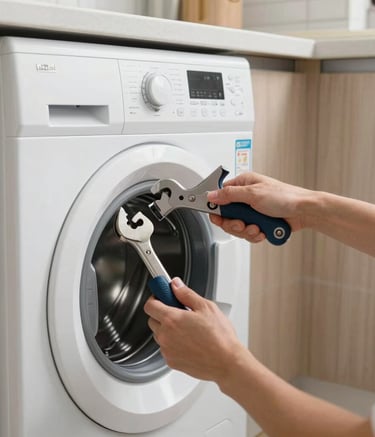 Close-up of professional hands repairing a white washing machine using high-quality tools in a bright, modern European kitchen with light wood accents and soft grey tiles.