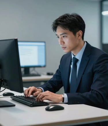 A high-detail, close-up photography shot of a professional analyst in a North American / US financial hub, focusing on their task at a minimalist desk. The scene is illuminated by the soft pale blue glow of computer screens. The composition is a medium shot emphasizing a calm, authoritative professional atmosphere with a deep navy and light gray color scheme.