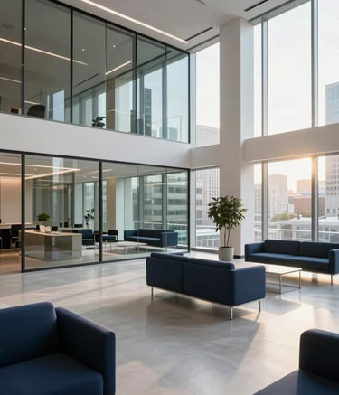 A wide-angle photography shot of a sleek, high-end financial headquarters interior in a major North American / US city. The space features glass partitions, minimalist navy blue furniture, and polished light gray floors. Bright, natural afternoon sunlight floods the room through expansive windows.