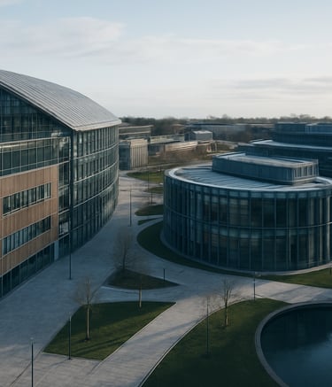 A high-angle architectural photograph of the University of Nottingham Jubilee Campus, featuring iconic modern glass and wood structures. The scene is set in Northern European daylight with soft shadows and a professional, academic atmosphere in shades of light grey and dark blue.