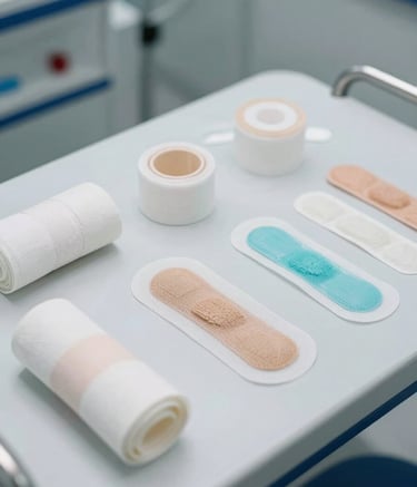 A close-up of professional clinical equipment including sterile bandages and specialized dressings arranged neatly on a Pearl White surface. The lighting is bright and clinical, with subtle Steel Blue accents in the background, conveying a sense of expertise and hygiene.